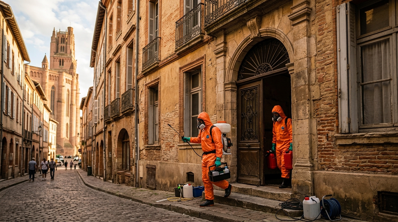 Équipe spécialisée en combinaison intervient devant un immeuble à Albi