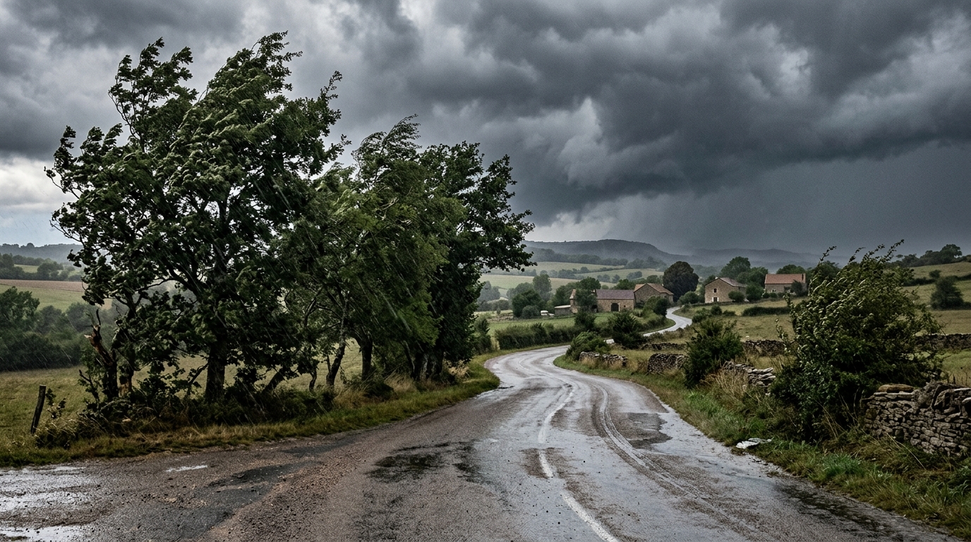 Nuages sombres et vent sur une route de campagne