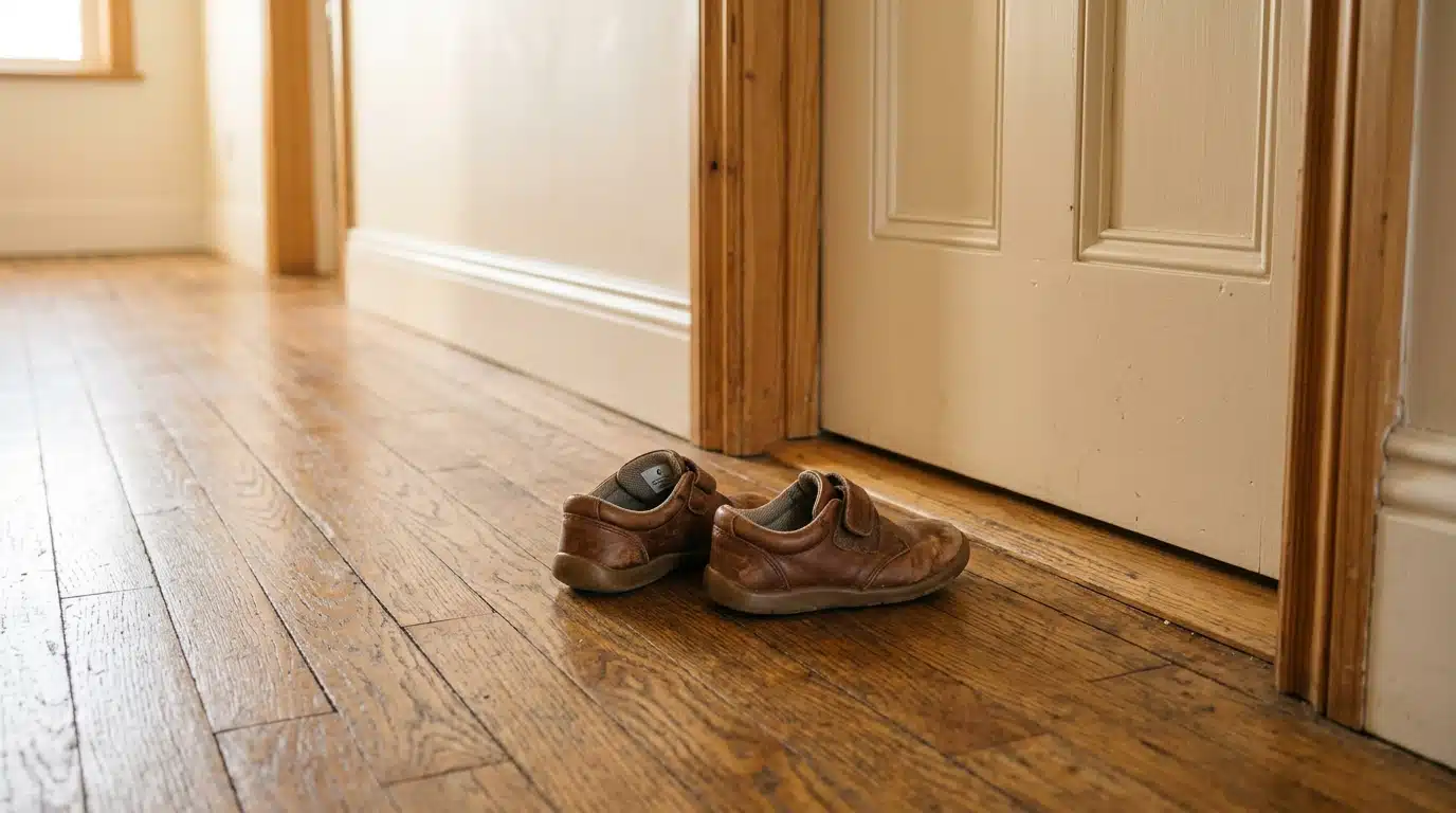 Chaussures d'enfants abandonnées près d'une porte