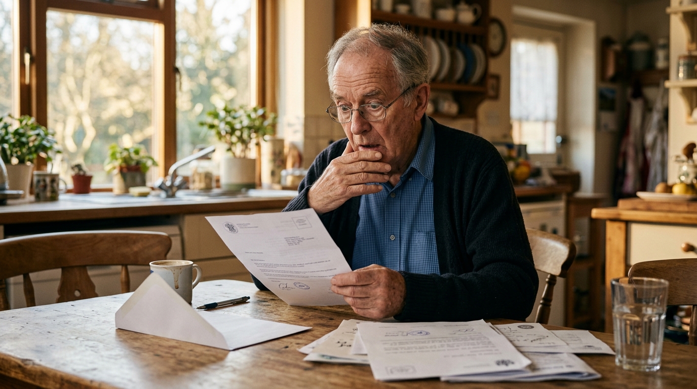 Homme âgé lisant une lettre administrative surprenant