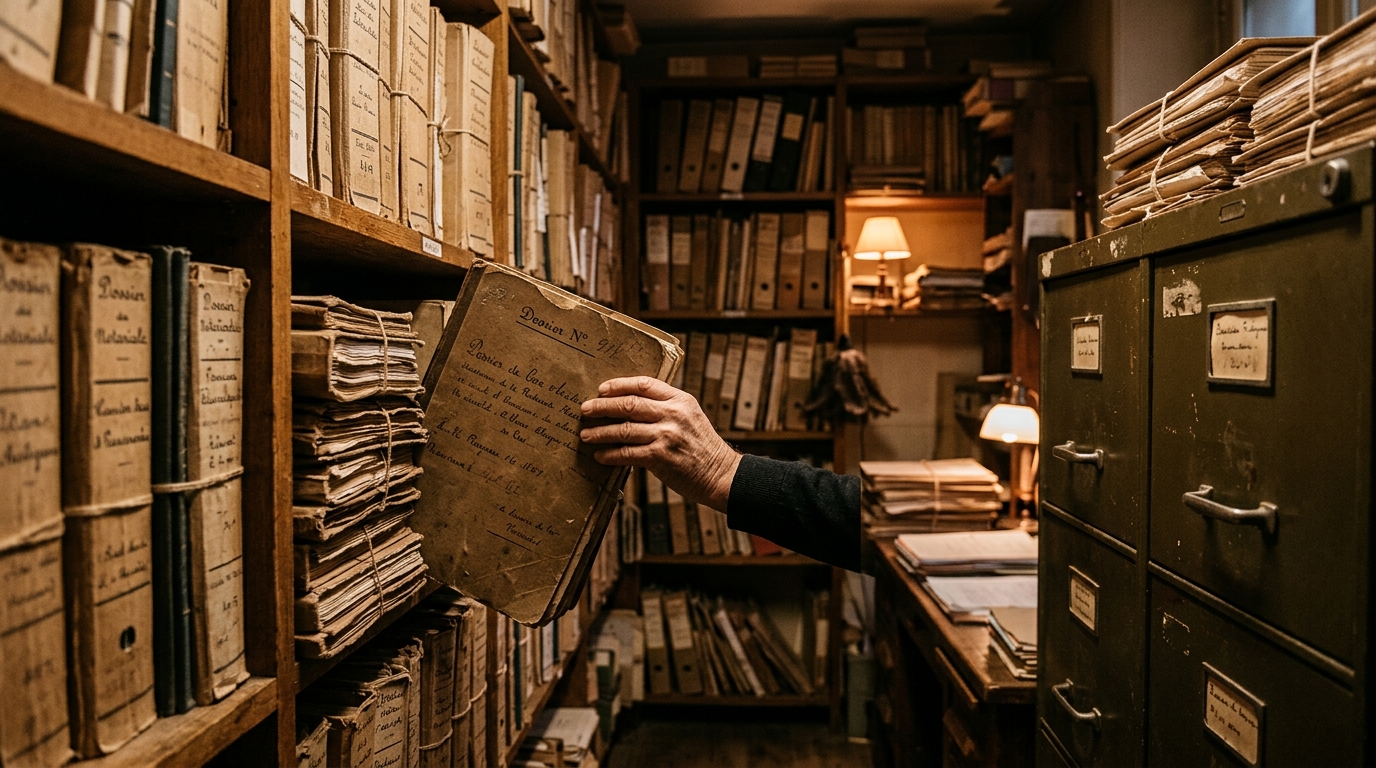 Bureau de notaire avec dossiers de succession archivés