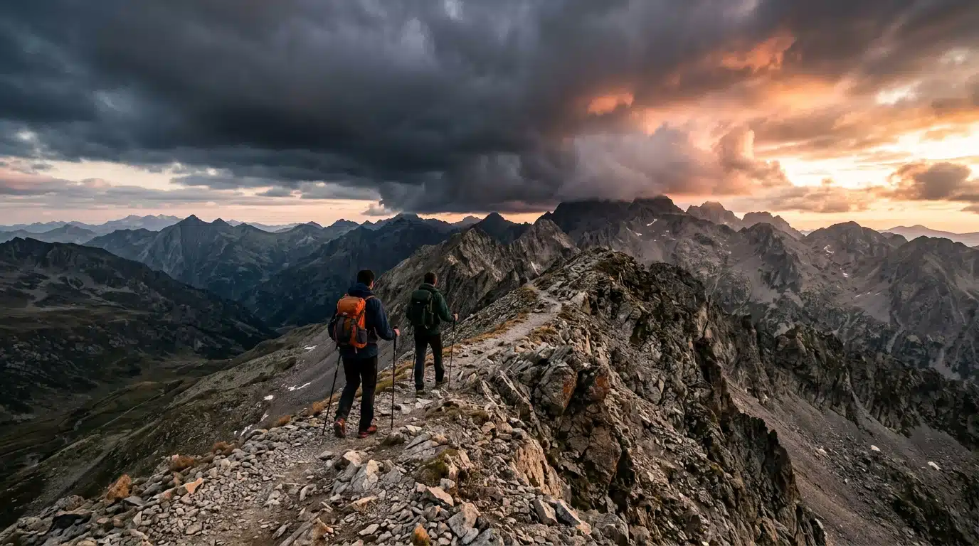 Randonneurs sur une crête des Pyrénées avant l'orage
