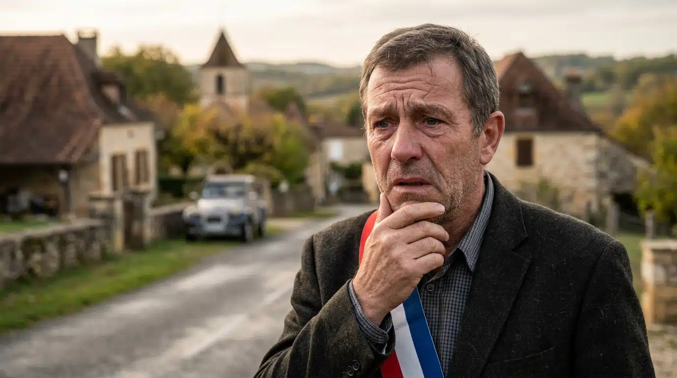 Homme aux traits graves devant un village rural