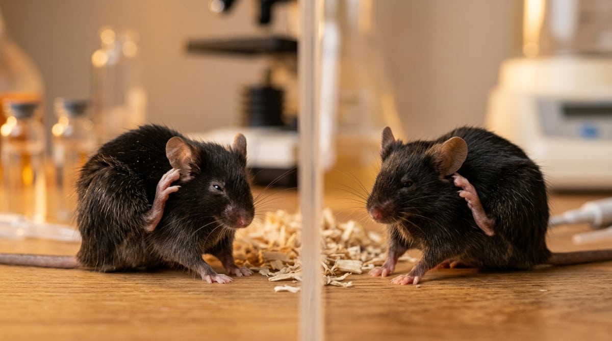 Deux souris de laboratoire se grattant par mimétisme contagieux