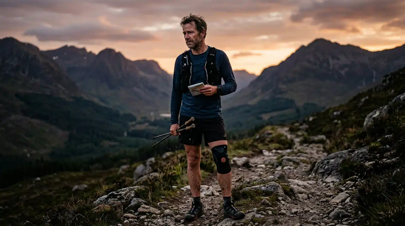 Coureur de trail solitaire au crépuscule sur sentier montagneux