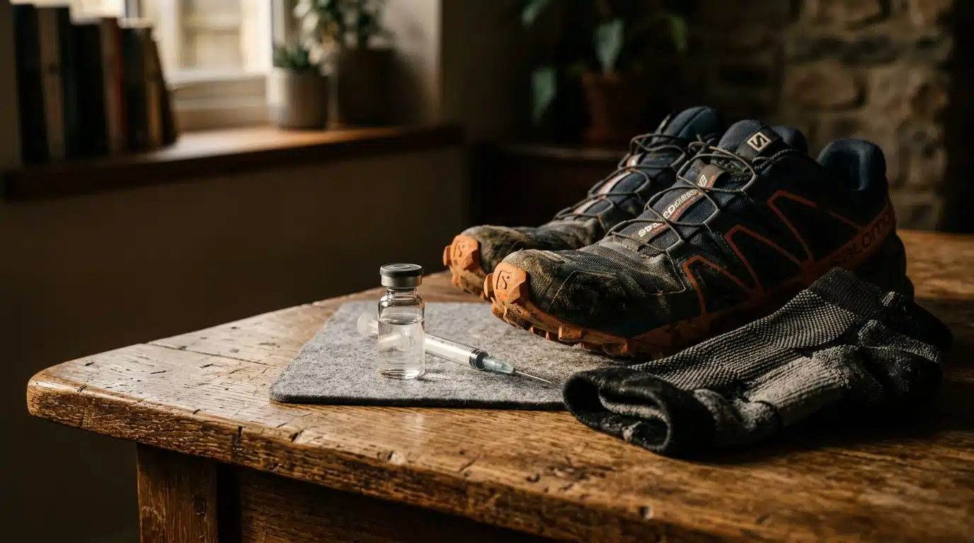 Flacon et seringue posés près de chaussures de trail