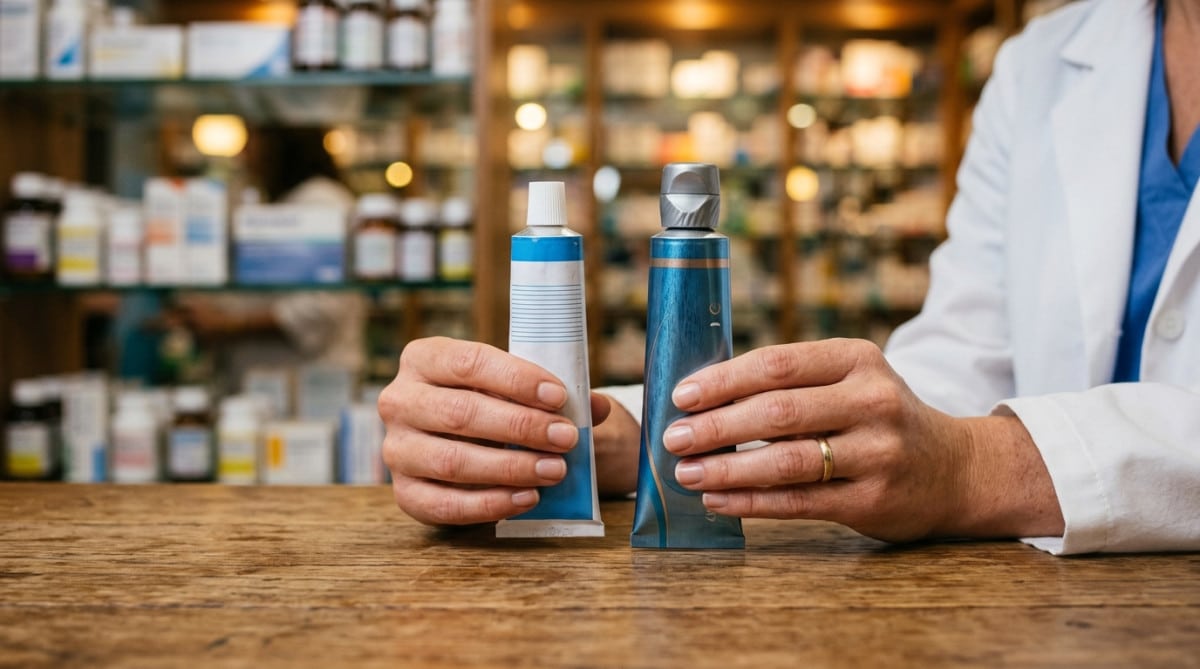 Deux tubes de gel anti-inflammatoire comparés en pharmacie