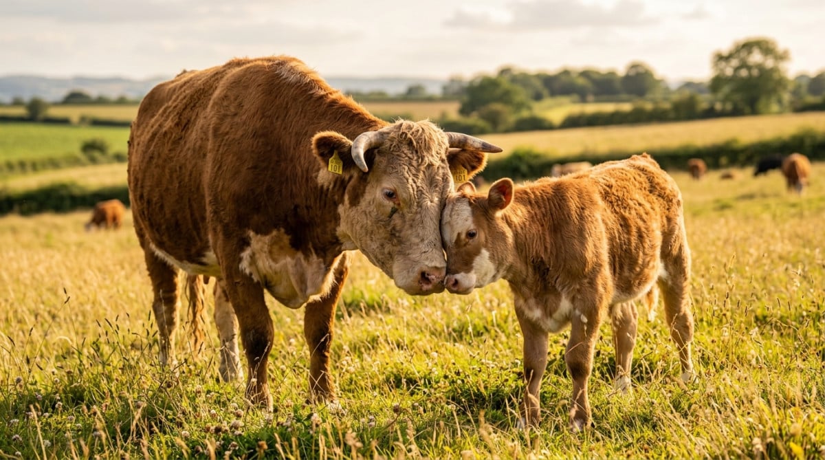Deux vaches se touchant la tête dans un pré doré
