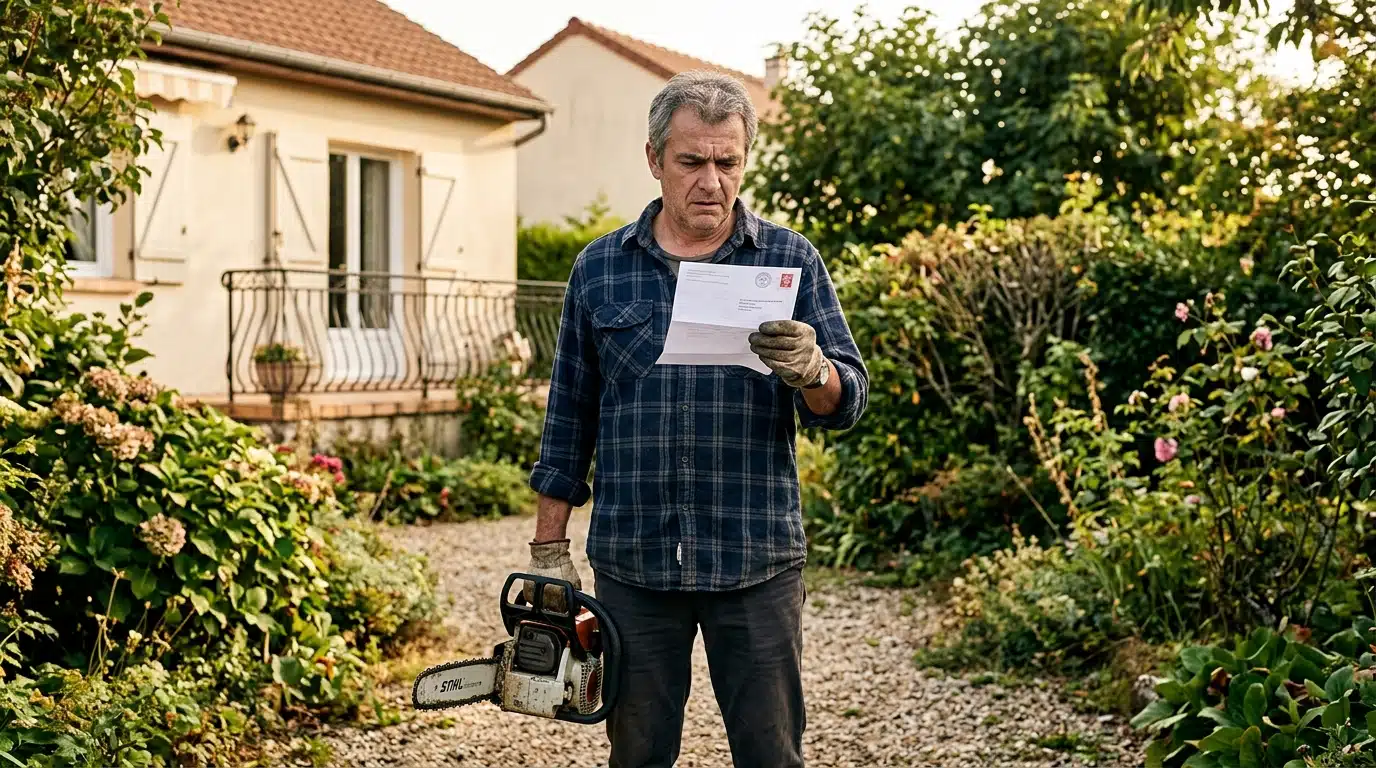 Homme inquiet tenant une tronçonneuse et une lettre officielle