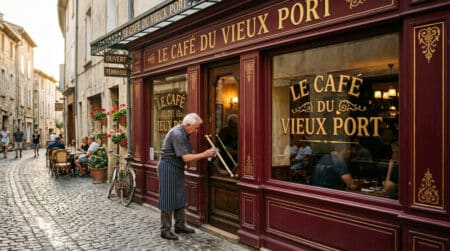 Devanture rouge et or d'un café français traditionnel