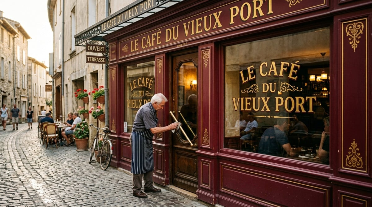 Devanture rouge et or d'un café français traditionnel