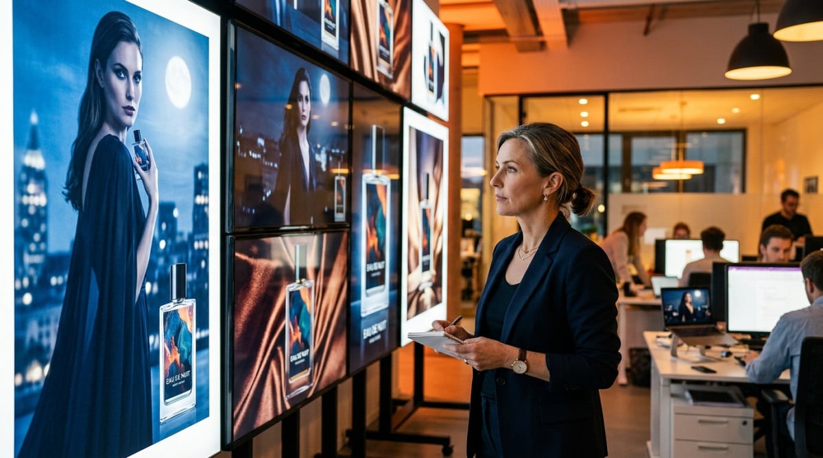 Directeur créatif travaillant sur une campagne publicitaire de parfum