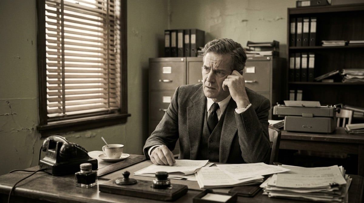 Dirigeant politique inquiet dans son bureau en 1953