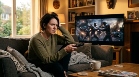 Femme confuse devant sa télévision Disney+ en qualité réduite