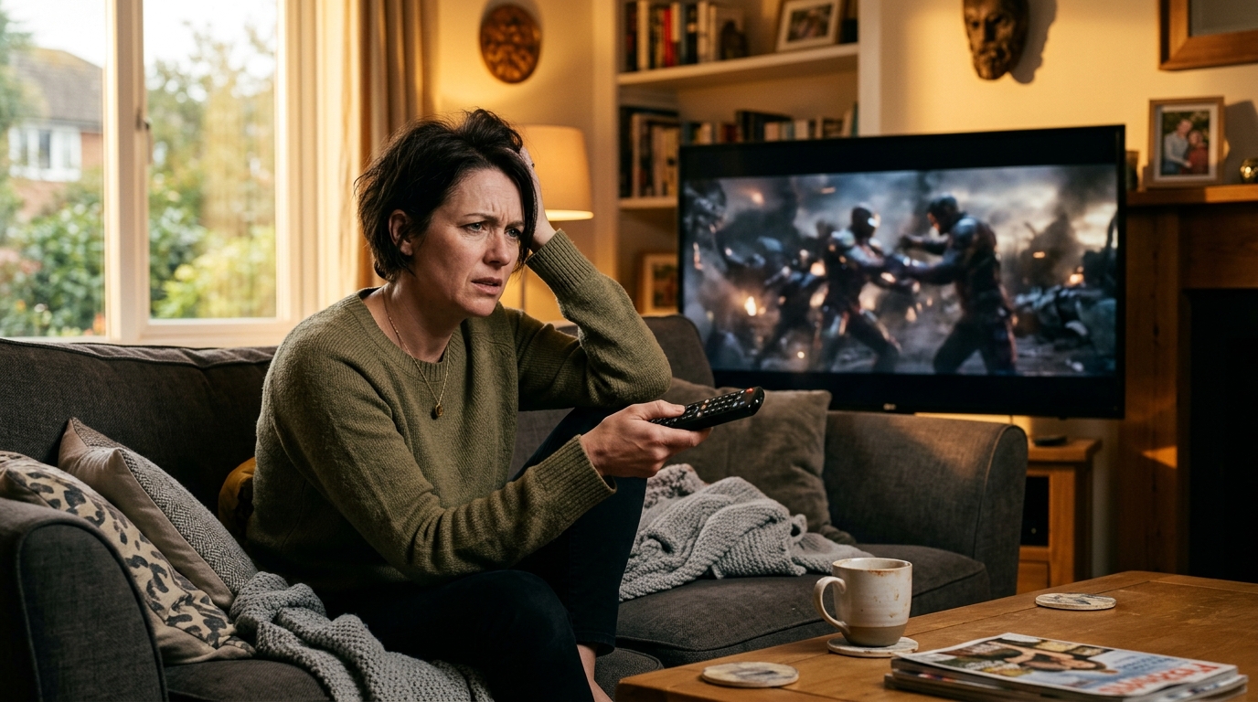 Femme confuse devant sa télévision Disney+ en qualité réduite