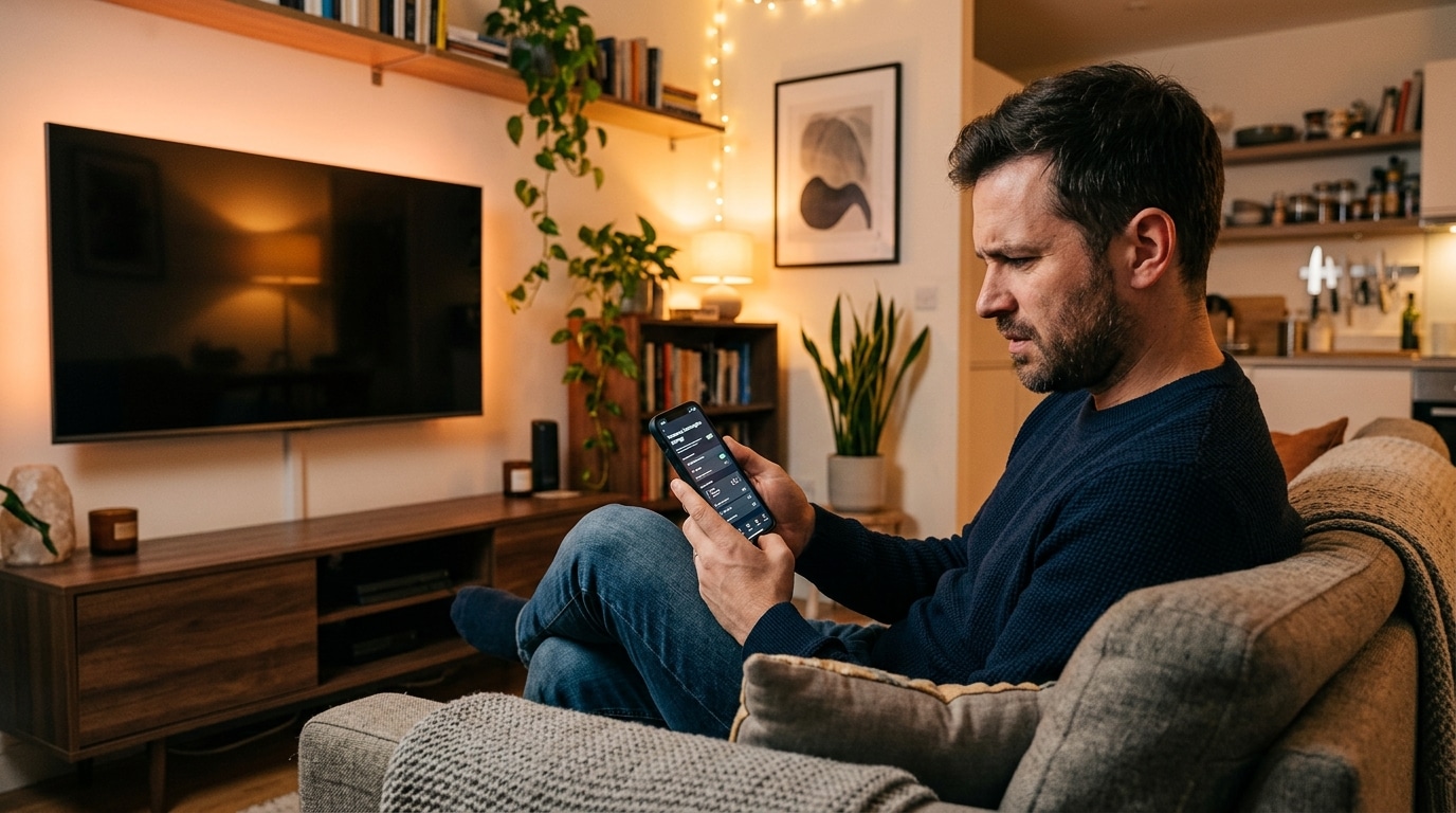 Homme vérifiant les paramètres de son abonnement streaming