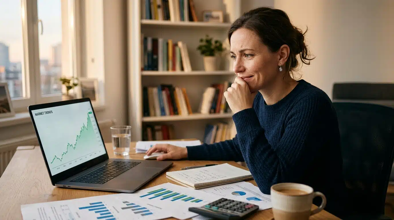 Homme regardant un graphique financier avec expression concentrée