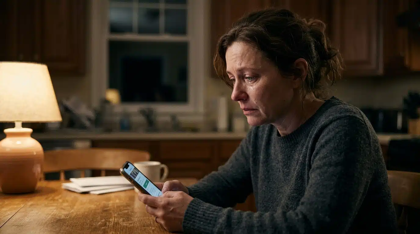 Personne bouleversée tenant un téléphone la nuit