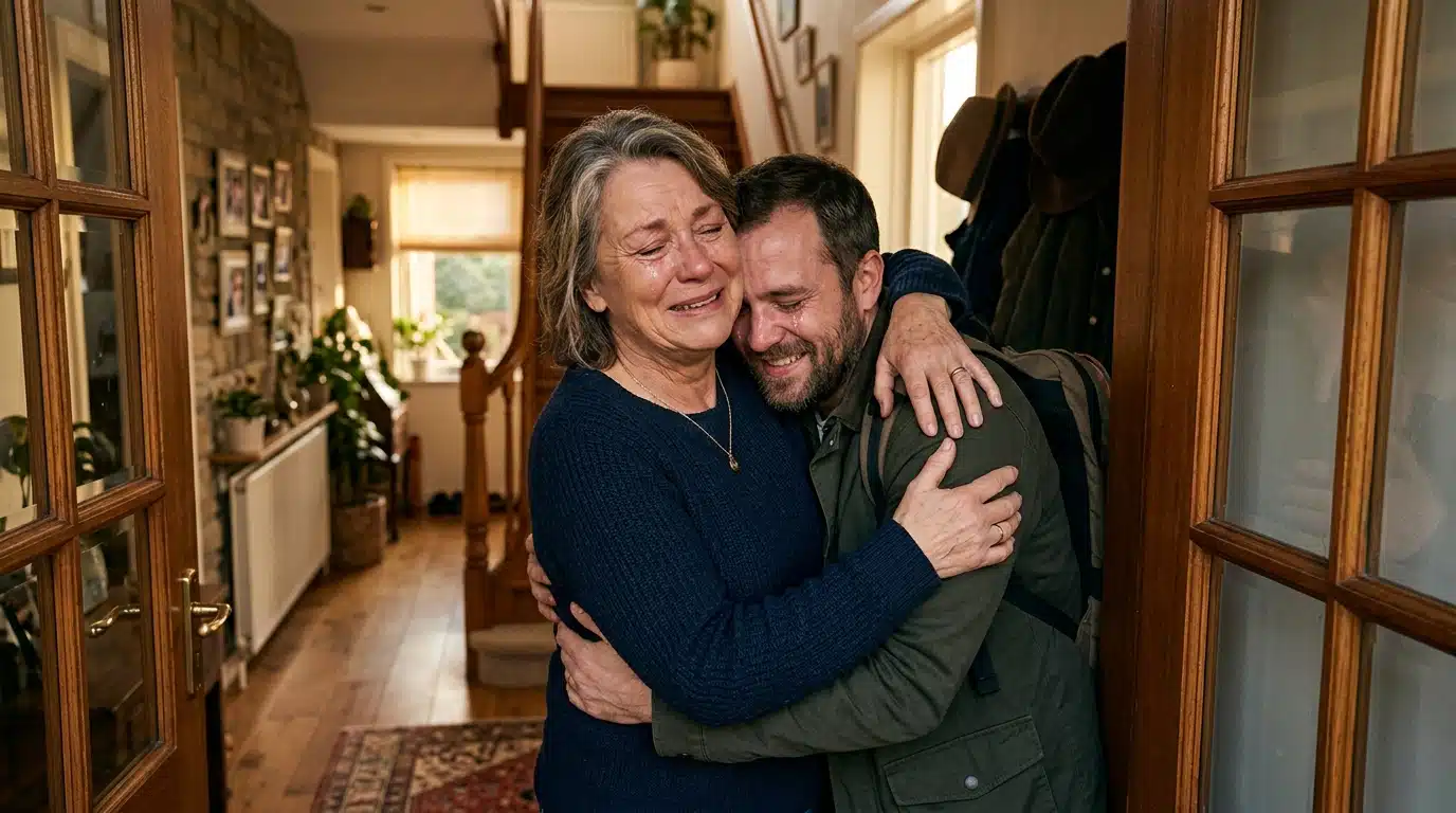 Mère et fils se retrouvant après six mois de séparation