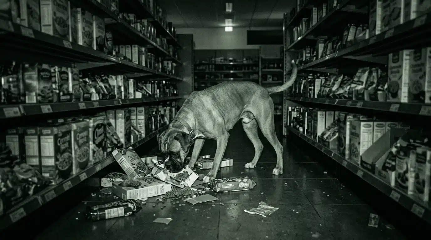 Boxer errant la nuit dans les rayons du supermarché