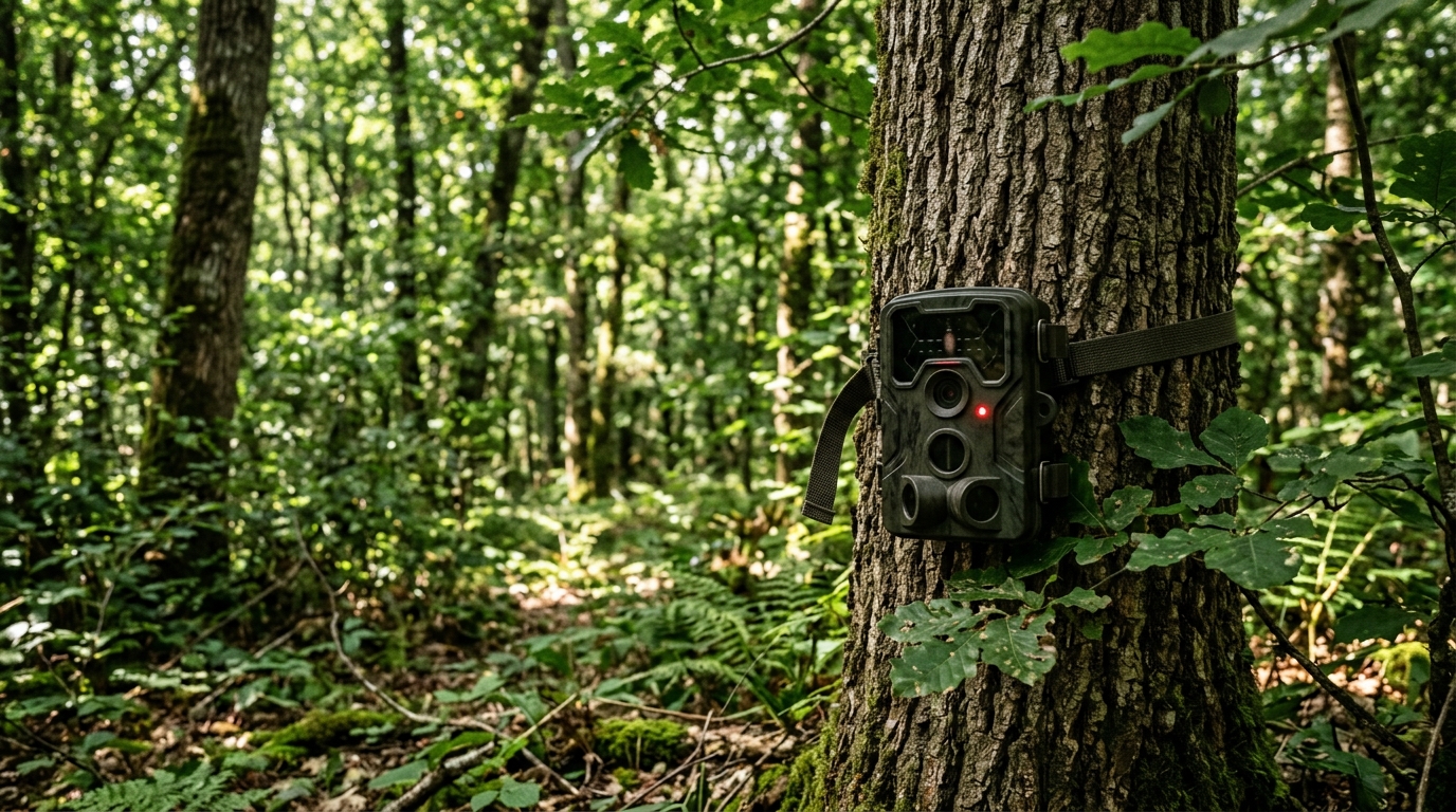 Piège photographique fixé sur un tronc d'arbre