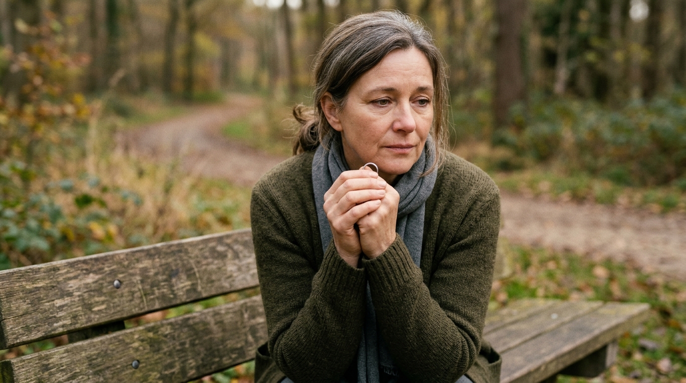 Femme assise seule sur un banc, visage grave