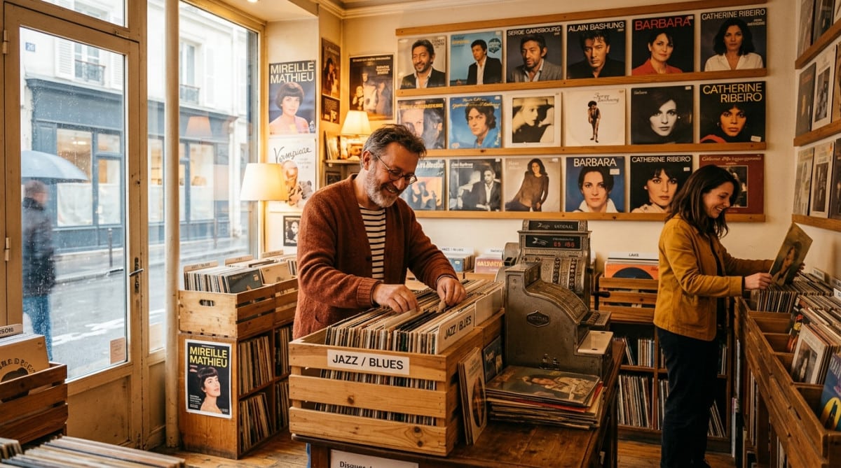 Disquaire des années 80 avec bacs à vinyles en bois