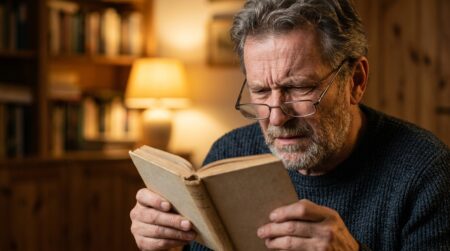Homme senior plissant les yeux en lisant un livre
