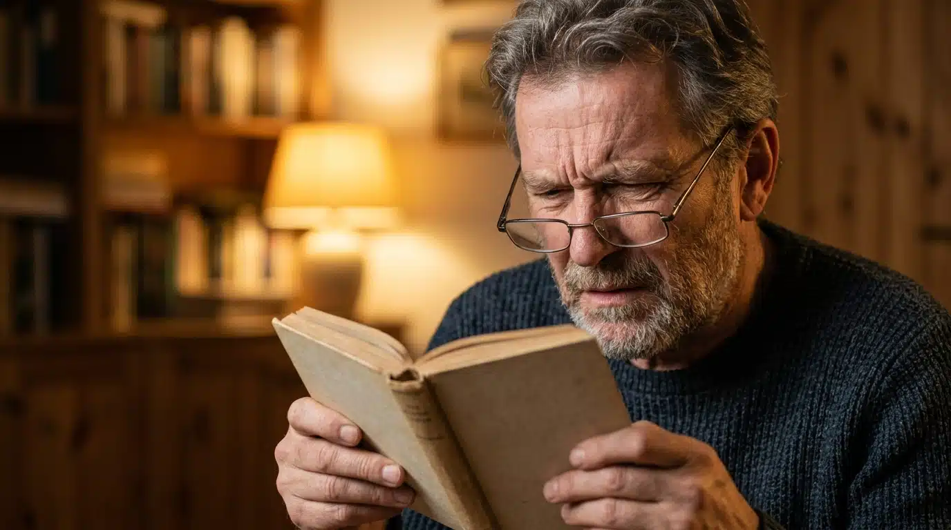 Homme senior plissant les yeux en lisant un livre