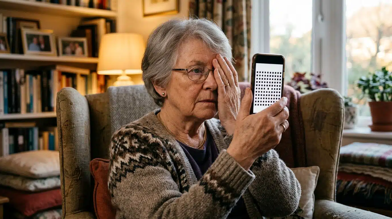 Femme âgée testant sa vue avec un smartphone