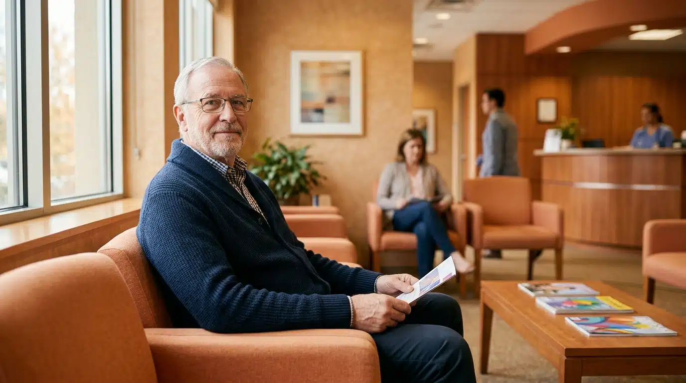Homme senior en salle d'attente chez l'ophtalmologiste