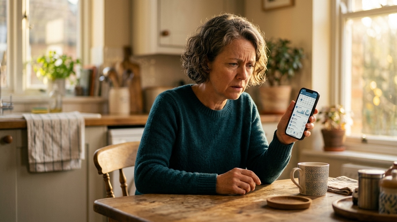 Femme inquiète consultant l'application Doctolib sur son téléphone