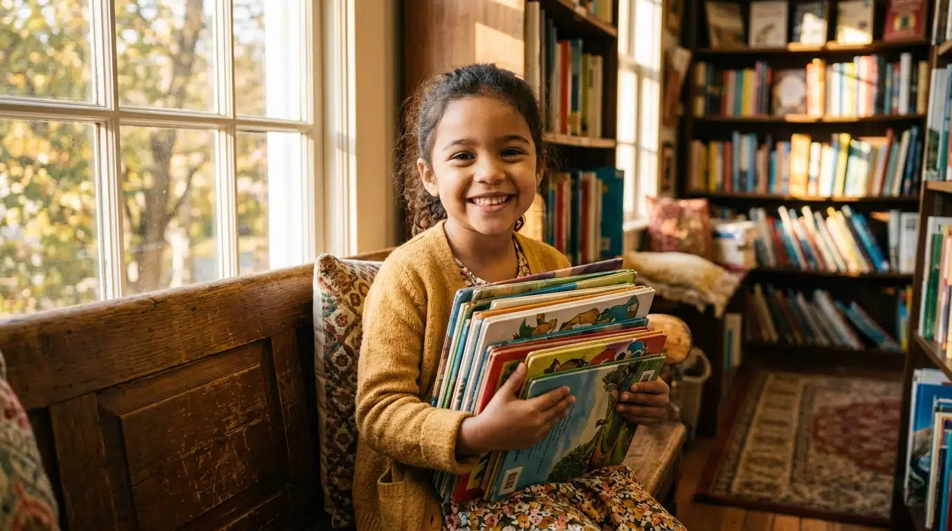 Enfant souriant tenant une pile de livres offerts