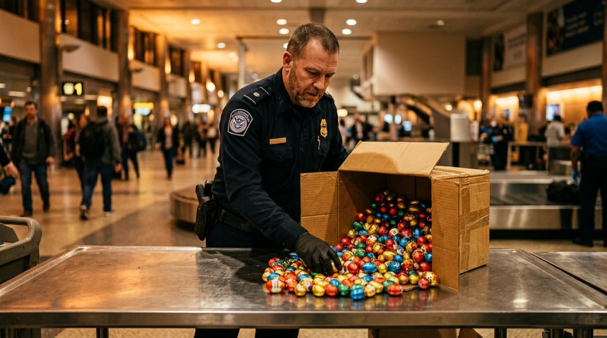 Douanier américain examinant une boîte de chocolats confisqués