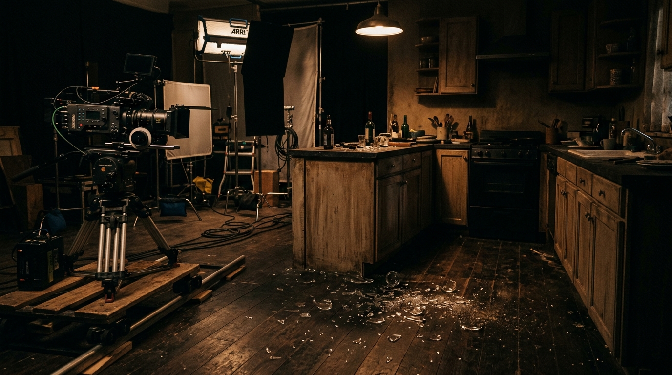 Décor de tournage tendu avec du verre brisé au sol