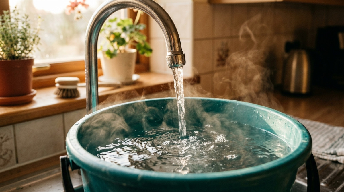 Eau chaude coulant dans un seau dans l'évier