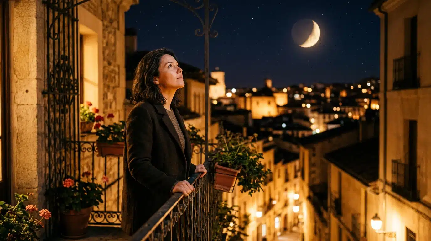 Femme regardant la lune sur un balcon la nuit