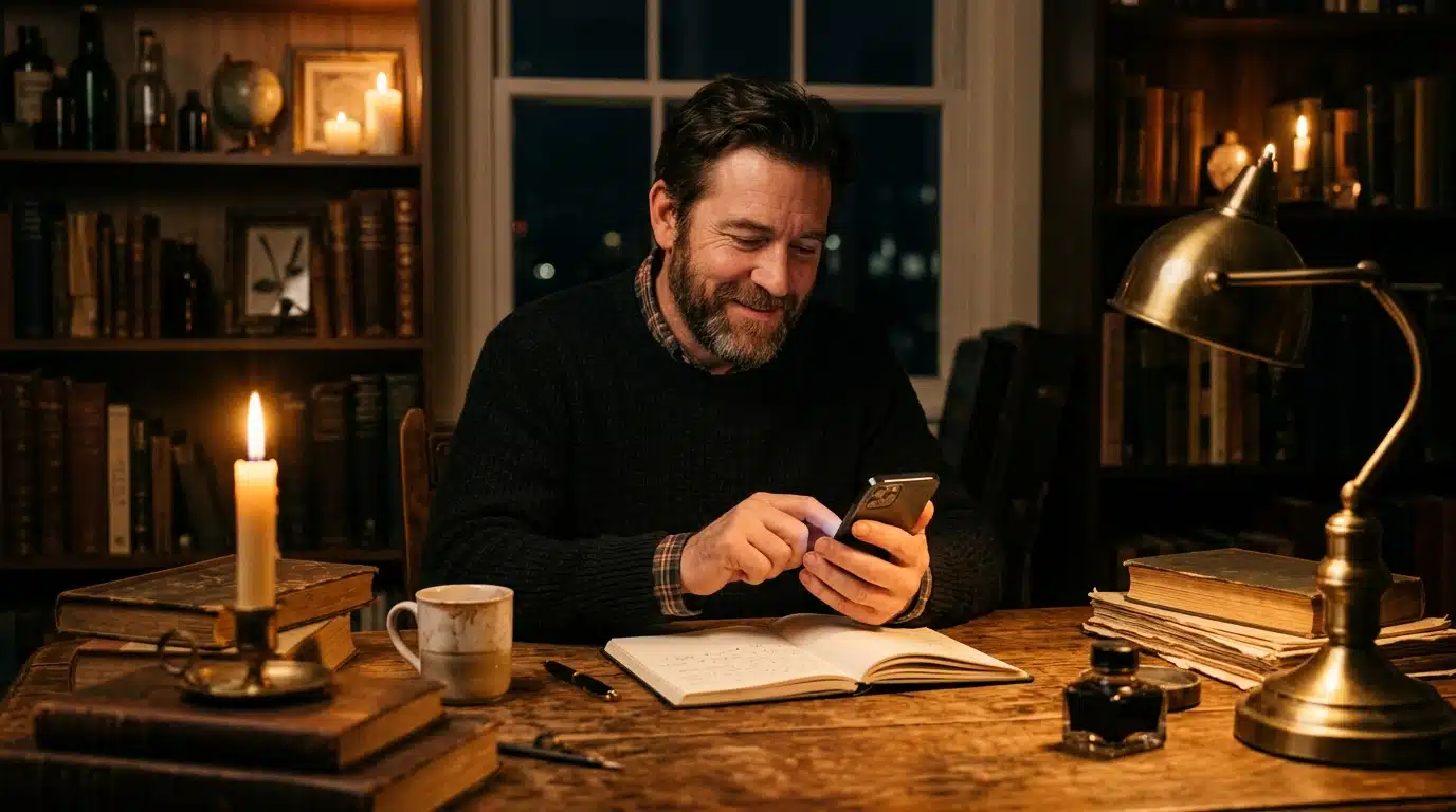 Homme envoyant un message décisif la nuit