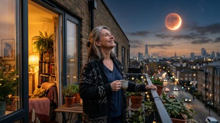 Femme observant l'éclipse de Lune depuis son balcon