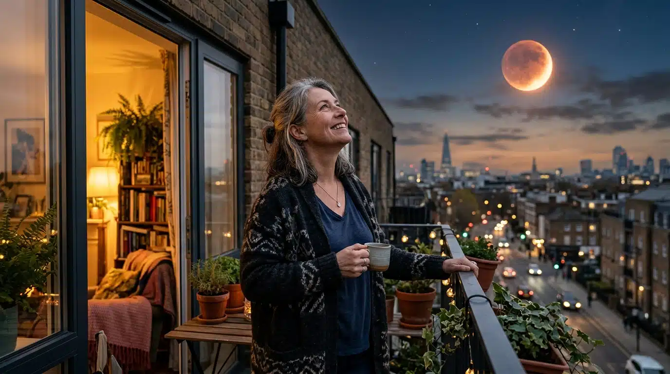 Femme observant l'éclipse de Lune depuis son balcon