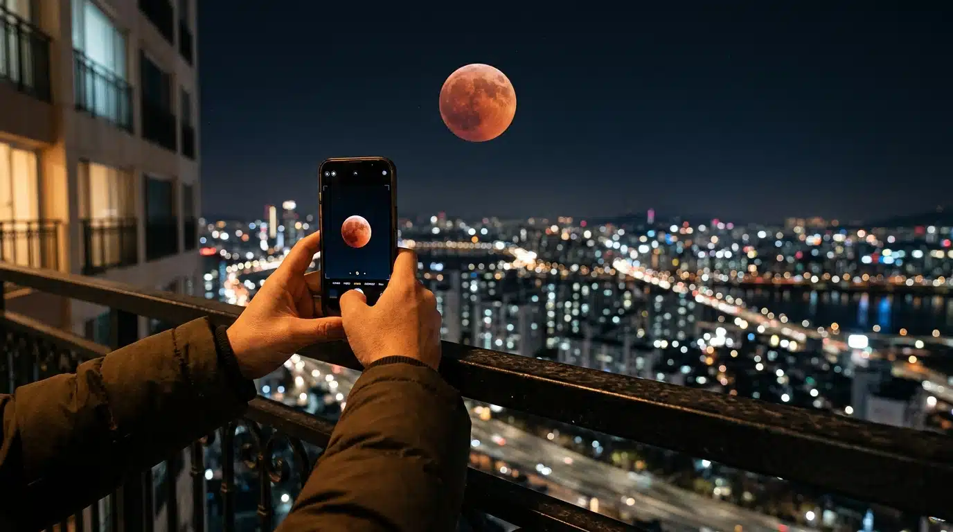 Photo de la Lune cuivrée prise au smartphone