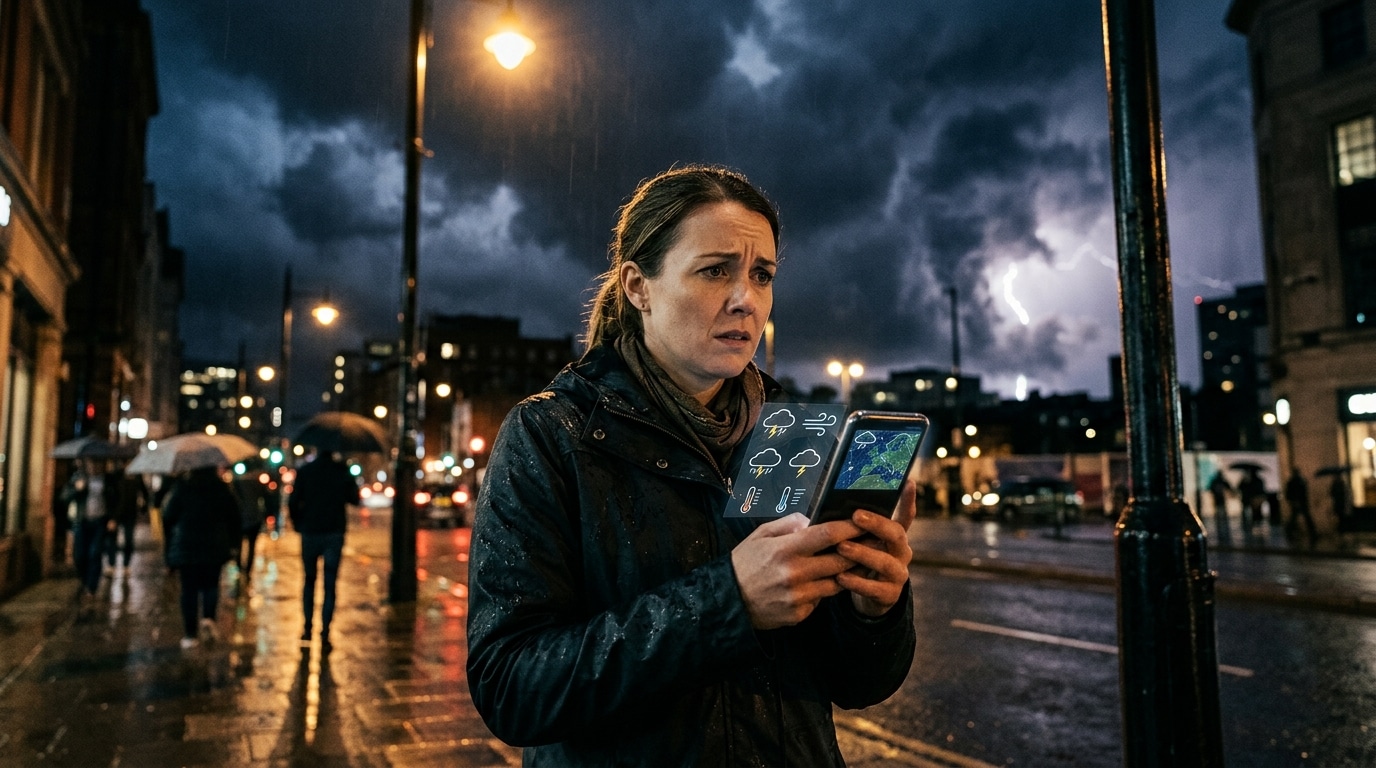 Femme consultant la météo sur son téléphone la nuit