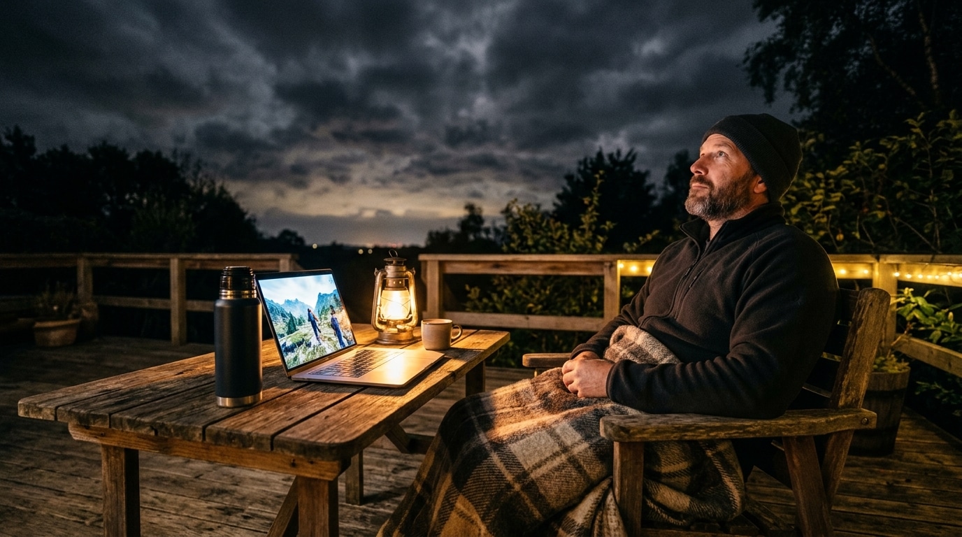 Homme suivant une retransmission en direct de l'éclipse