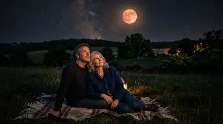 Couple observant l'éclipse de Lune cuivrée dans un champ