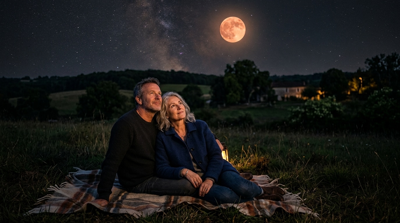 Couple observant l'éclipse de Lune cuivrée dans un champ