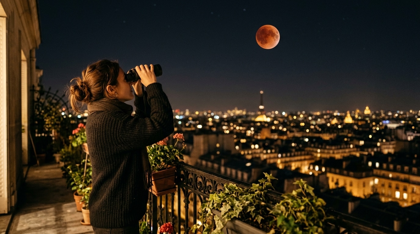 Femme sur balcon observant l'éclipse lunaire aux jumelles
