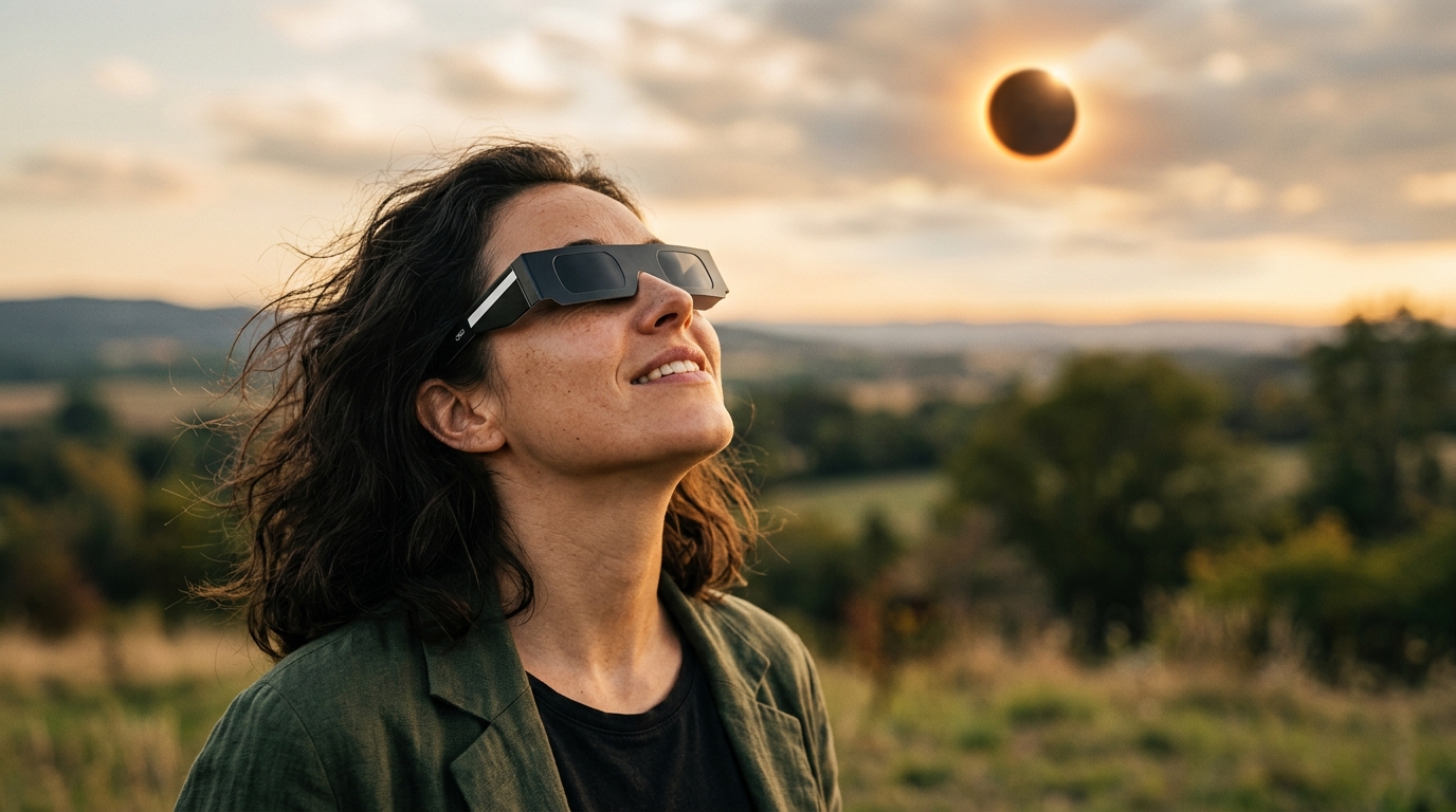Personne émerveillée observant l'éclipse avec des lunettes