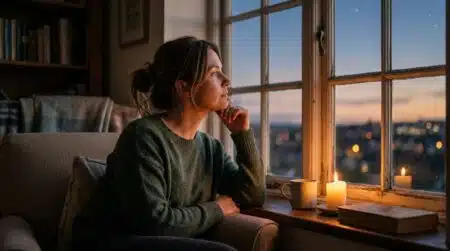 Femme pensive regardant le ciel étoilé au crépuscule