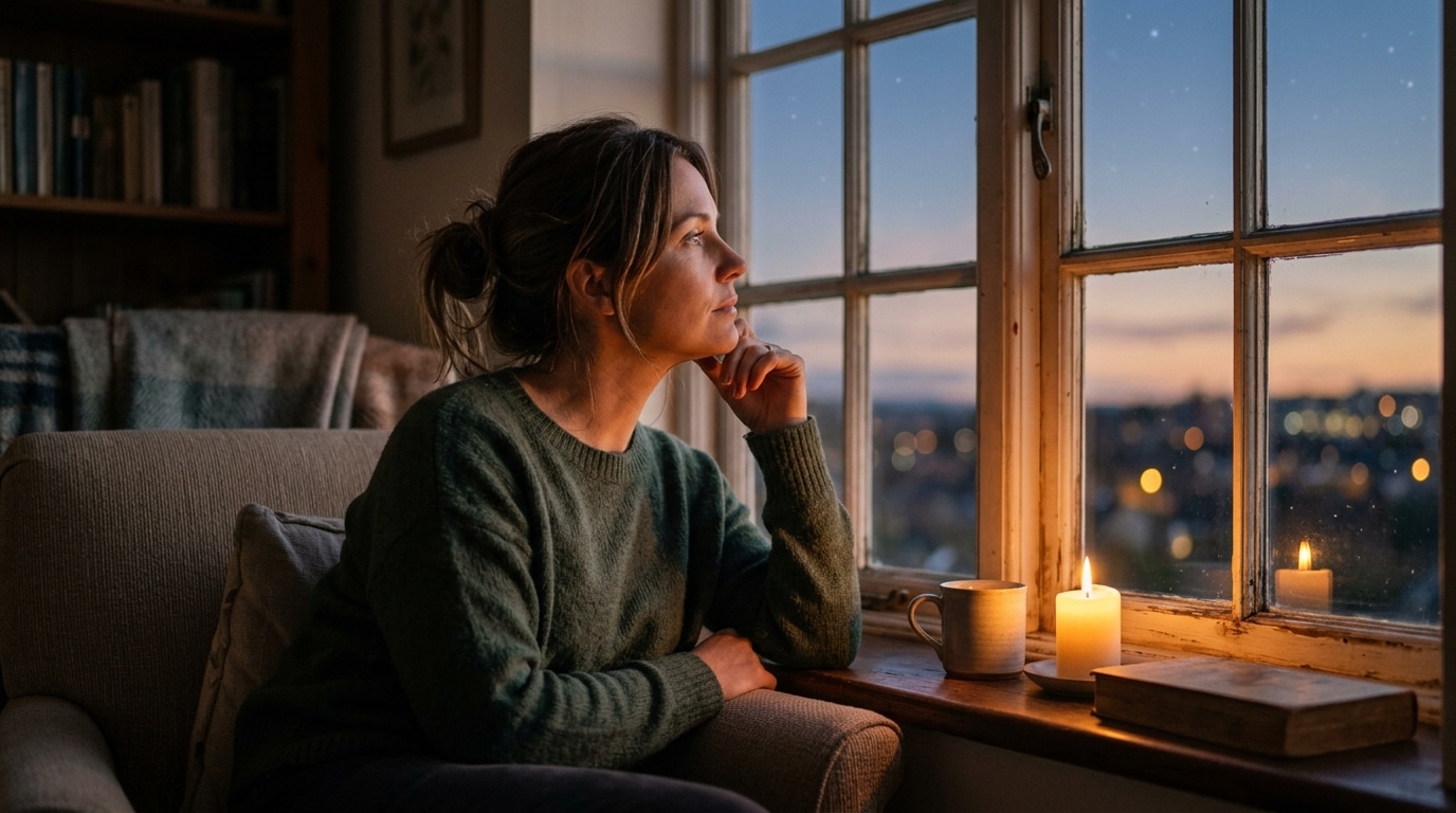 Femme pensive regardant le ciel étoilé au crépuscule