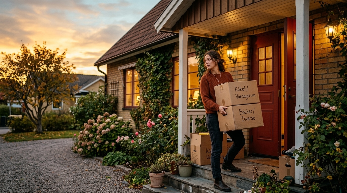 Femme portant des cartons de déménagement au coucher du soleil